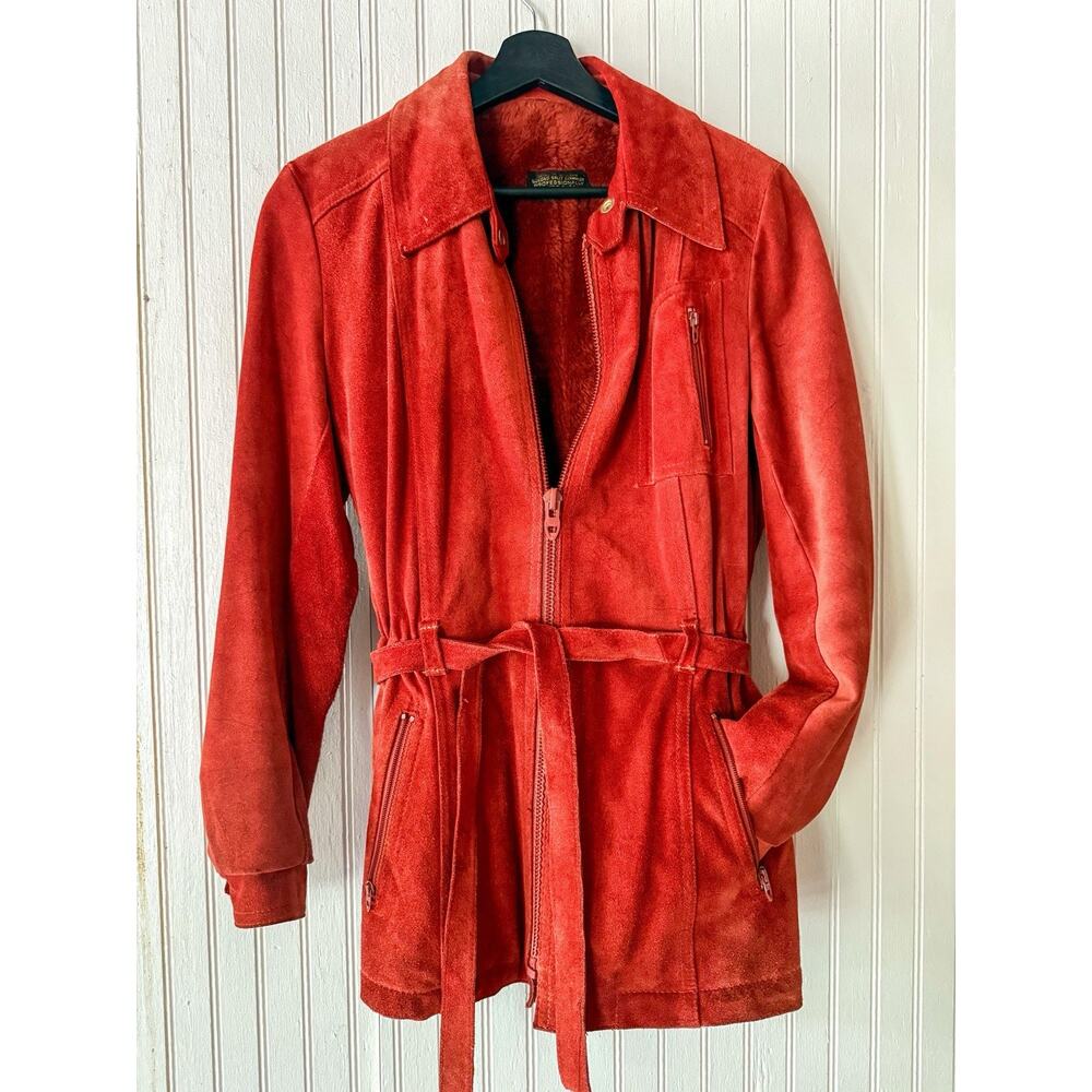 Vintage Red Suede Jacket - Belted Zip Front Western Boho Leather Coat - Small - Picture 2 of 6